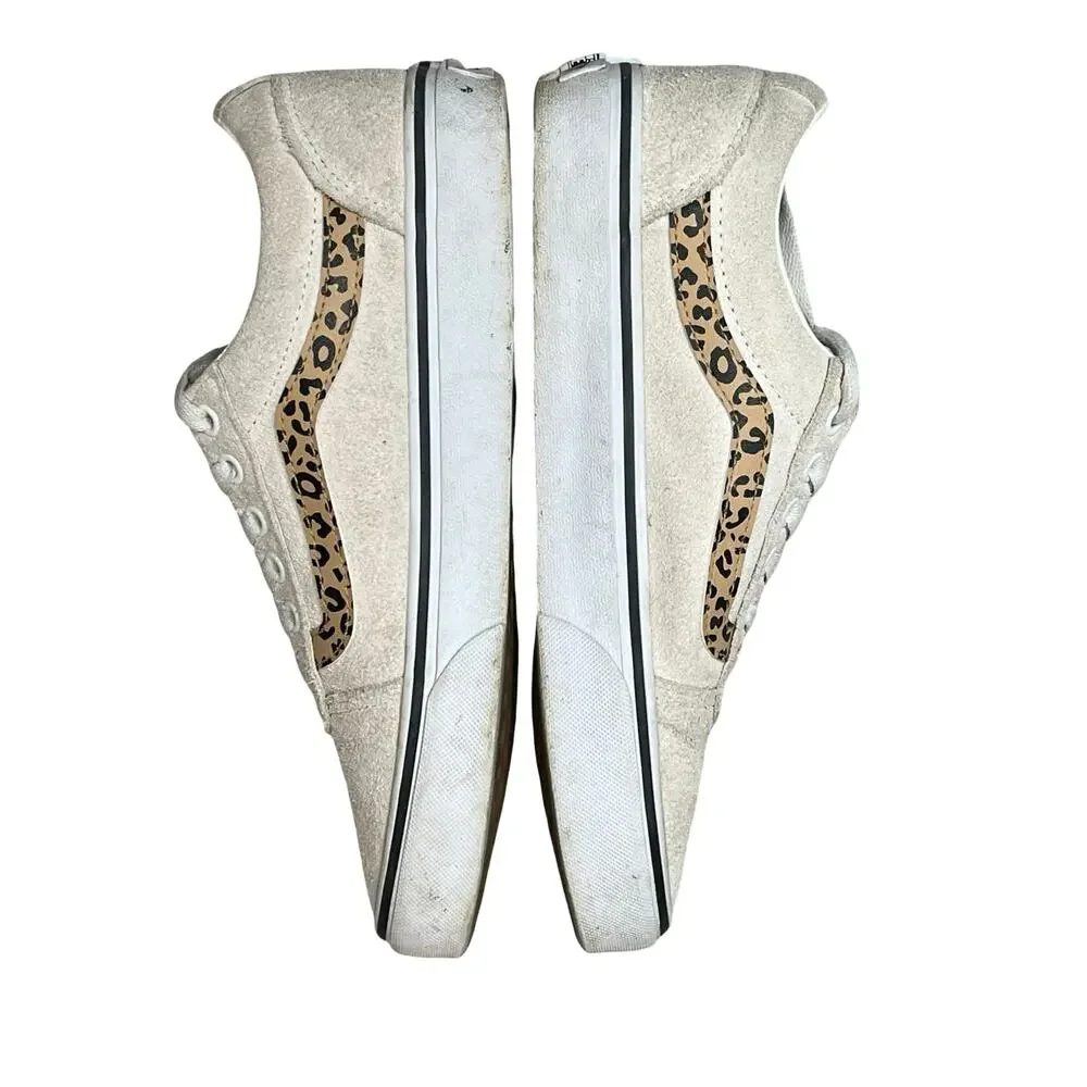 VANS Women 8.5 Sneakers Low Top Cream Suede Leopard Old Skool Lace Up Skate‎